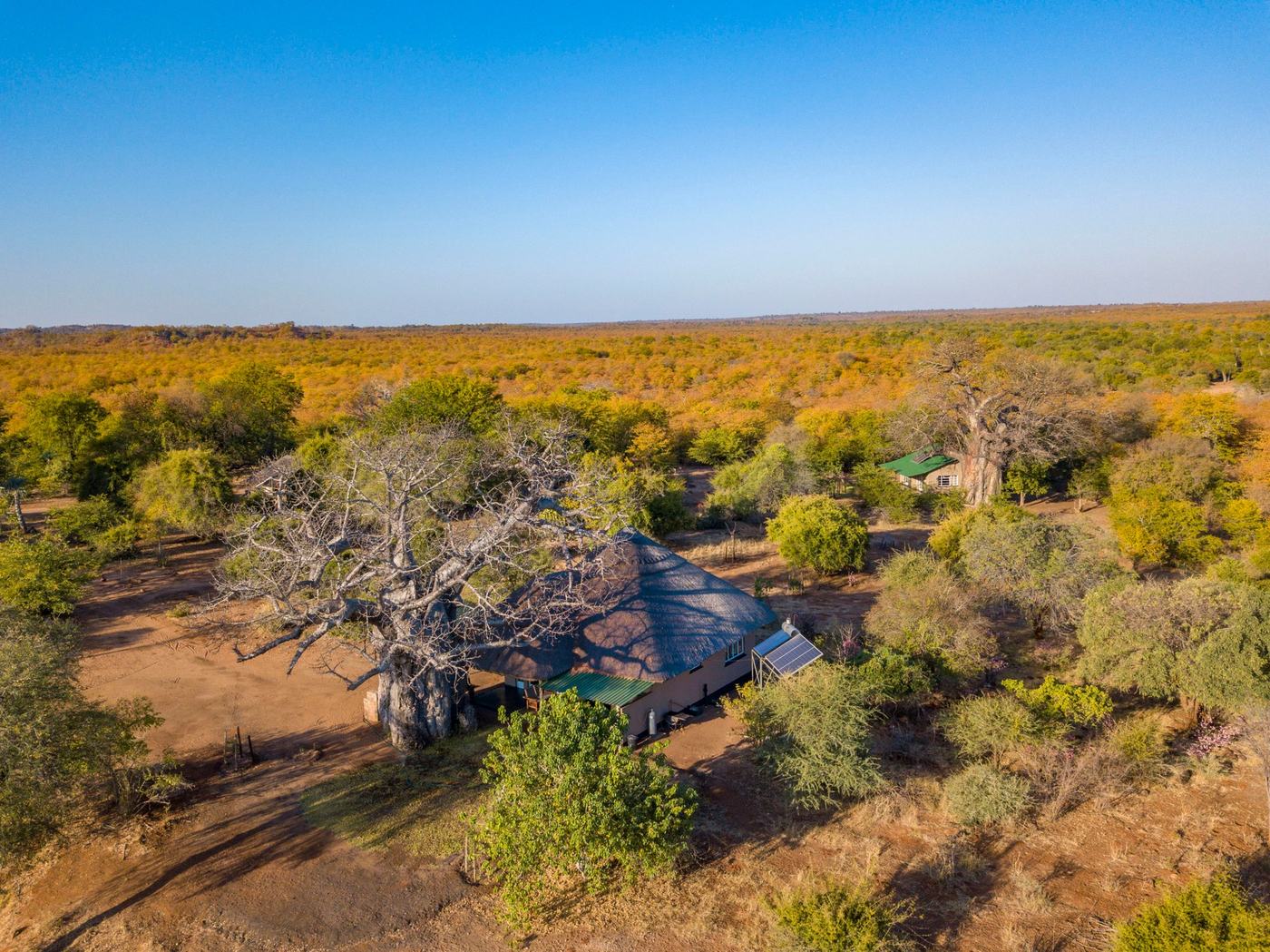 Een luchtfoto toont de chalets van Swimuwini Rest Camp verspreid door het Gonarezhou-bushveld.